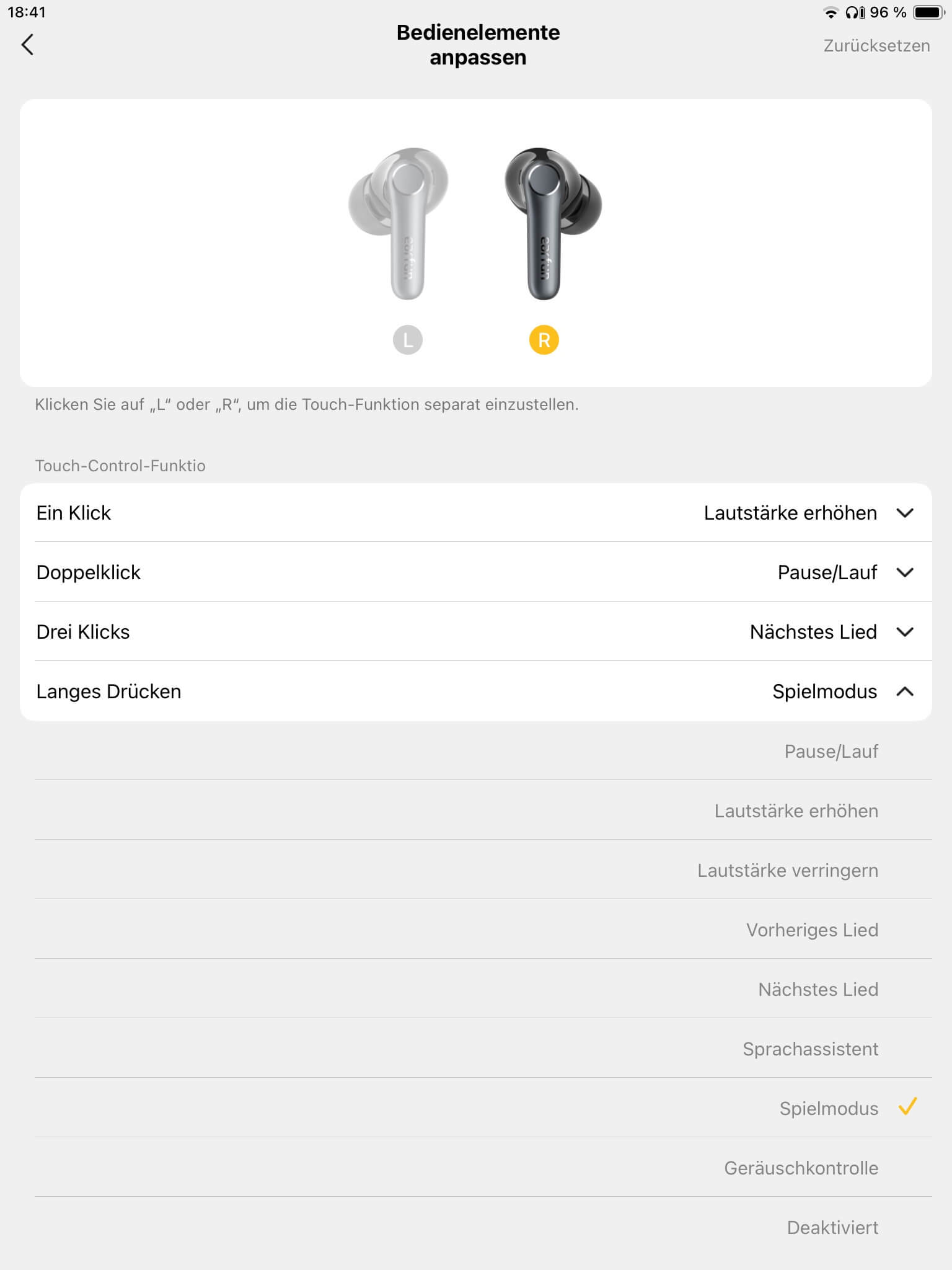 Touch-Steuerung II_EarFun Audio App