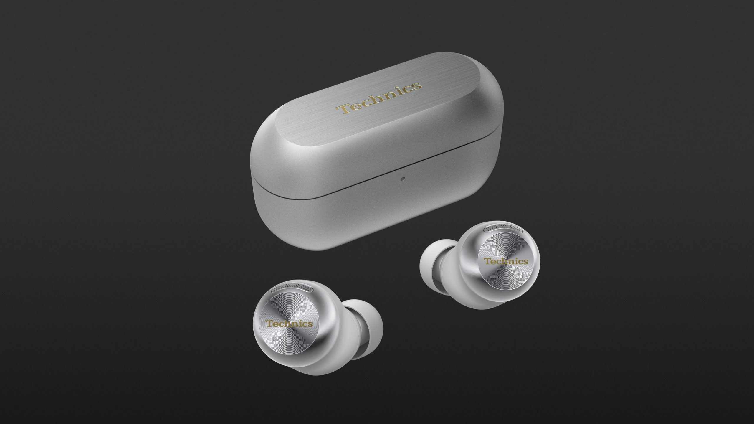 Ein Paar Technics EAH-AZ100 In-Ears, gezeigt vor dem Ladecase, symbolisiert hochwertigen Klang und modernes Design